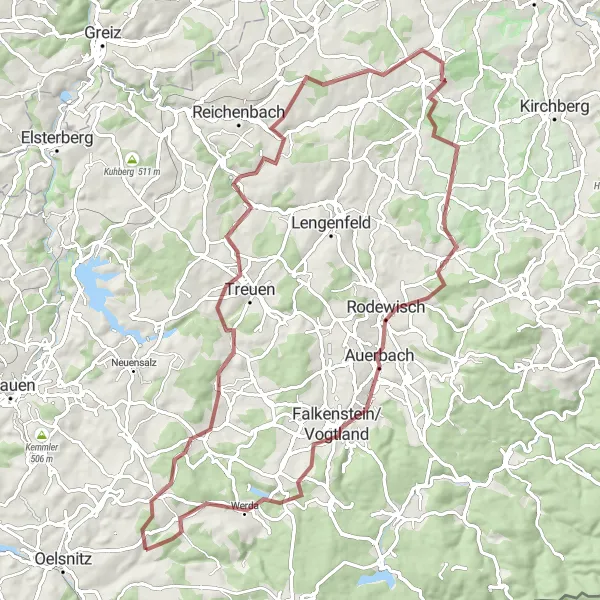 Karten-Miniaturansicht der Radinspiration "Die Gravel-Abenteuertour nach Auerbach" in Chemnitz, Germany. Erstellt vom Tarmacs.app-Routenplaner für Radtouren
