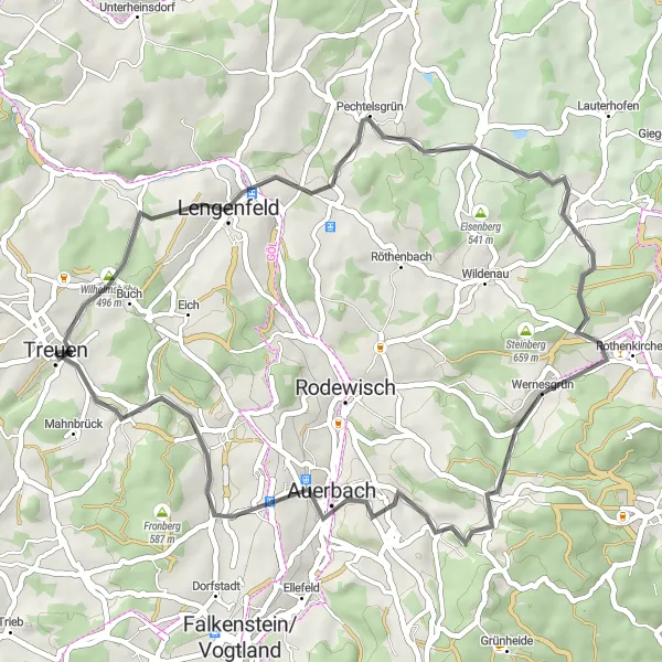 Karten-Miniaturansicht der Radinspiration "Kurze Straßenroute um Treuen" in Chemnitz, Germany. Erstellt vom Tarmacs.app-Routenplaner für Radtouren