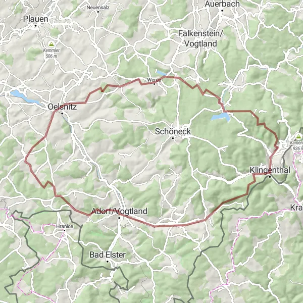 Map miniature of "Forest and Village Trails to Tirpersdorf" cycling inspiration in Chemnitz, Germany. Generated by Tarmacs.app cycling route planner