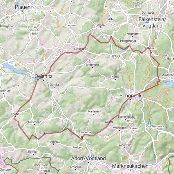 Map miniature of "Scenic Gravel Trails to Triebel" cycling inspiration in Chemnitz, Germany. Generated by Tarmacs.app cycling route planner