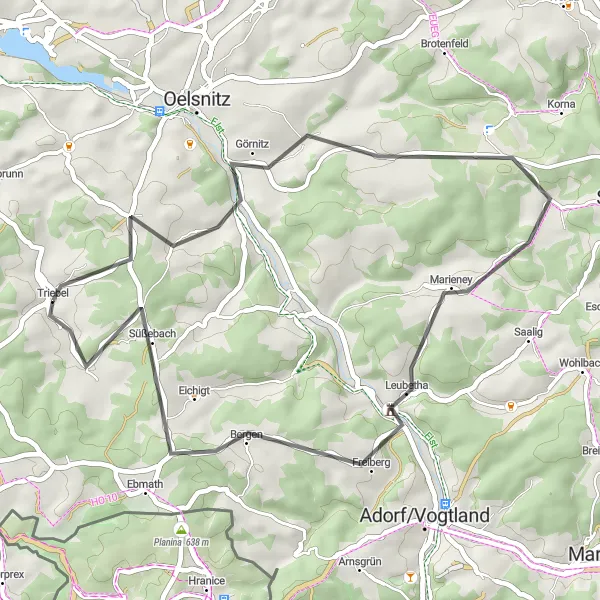 Karten-Miniaturansicht der Radinspiration "Kurzstrecke durch malerische Landschaften" in Chemnitz, Germany. Erstellt vom Tarmacs.app-Routenplaner für Radtouren