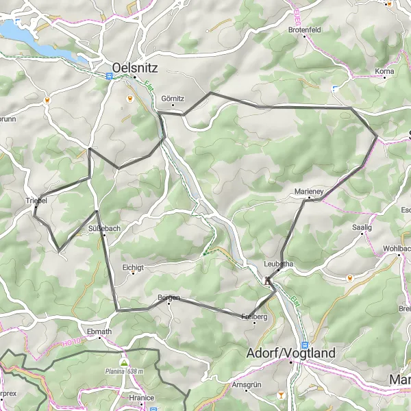 Map miniature of "Triebel Escape" cycling inspiration in Chemnitz, Germany. Generated by Tarmacs.app cycling route planner