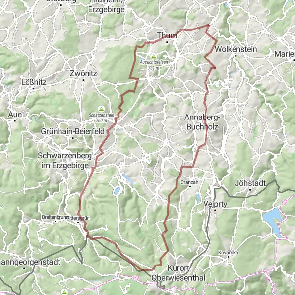 Map miniature of "Erzgebirge Gravel Tour" cycling inspiration in Chemnitz, Germany. Generated by Tarmacs.app cycling route planner