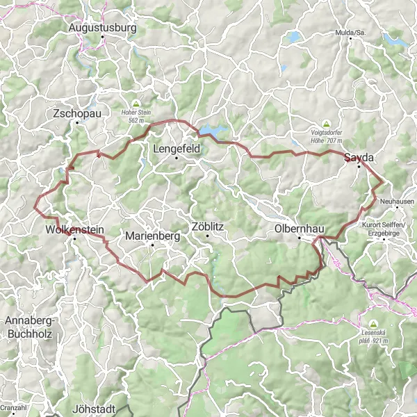 Map miniature of "Erzgebirge Mountain Challenge" cycling inspiration in Chemnitz, Germany. Generated by Tarmacs.app cycling route planner