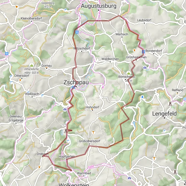 Map miniature of "Exploring the Gravel Roads of Venusberg" cycling inspiration in Chemnitz, Germany. Generated by Tarmacs.app cycling route planner