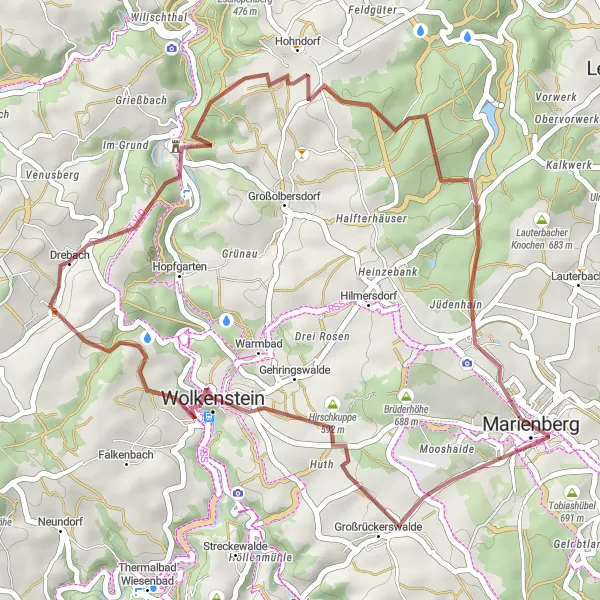 Map miniature of "The Gravel Adventure in Drebach" cycling inspiration in Chemnitz, Germany. Generated by Tarmacs.app cycling route planner