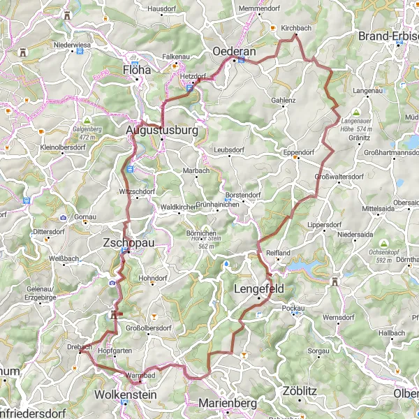 Map miniature of "The Ultimate Gravel Challenge: Oederan and Beyond" cycling inspiration in Chemnitz, Germany. Generated by Tarmacs.app cycling route planner