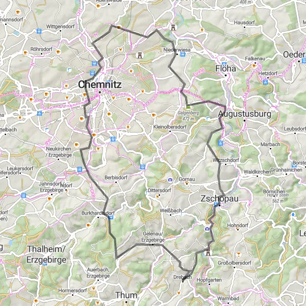 Map miniature of "Gelenau Hill Loop" cycling inspiration in Chemnitz, Germany. Generated by Tarmacs.app cycling route planner