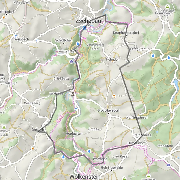 Map miniature of "Chemnitz Castle and Hills Loop" cycling inspiration in Chemnitz, Germany. Generated by Tarmacs.app cycling route planner