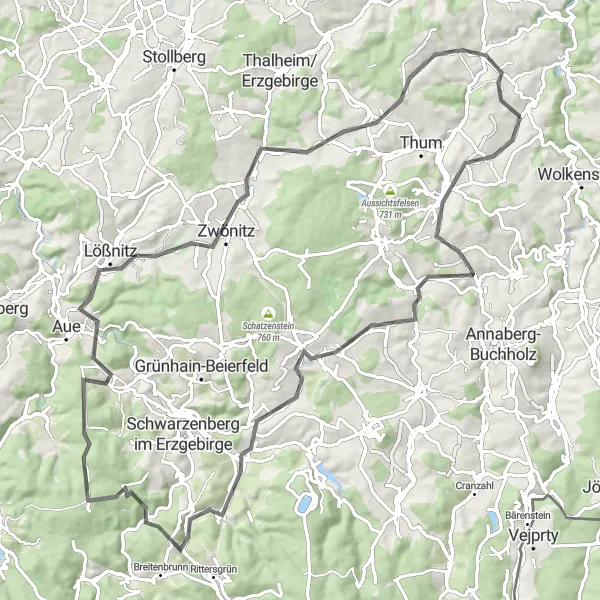 Karten-Miniaturansicht der Radinspiration "Rund um Venusberg - Entdecke die Schönheit des Erzgebirges" in Chemnitz, Germany. Erstellt vom Tarmacs.app-Routenplaner für Radtouren