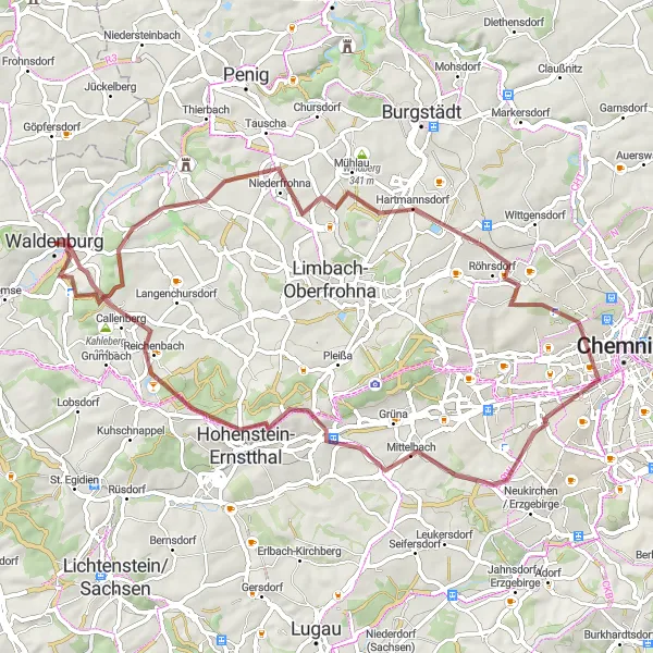 Karten-Miniaturansicht der Radinspiration "Gravel-Route entlang von Kaufungen und Hohenstein-Ernstthal" in Chemnitz, Germany. Erstellt vom Tarmacs.app-Routenplaner für Radtouren