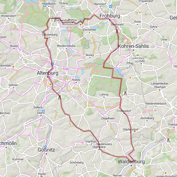 Karten-Miniaturansicht der Radinspiration "Gravel-Rundweg über Waldenburg und Schömbach" in Chemnitz, Germany. Erstellt vom Tarmacs.app-Routenplaner für Radtouren