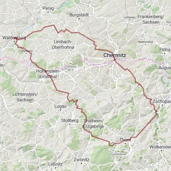 Map miniature of "Gravel Wonders" cycling inspiration in Chemnitz, Germany. Generated by Tarmacs.app cycling route planner