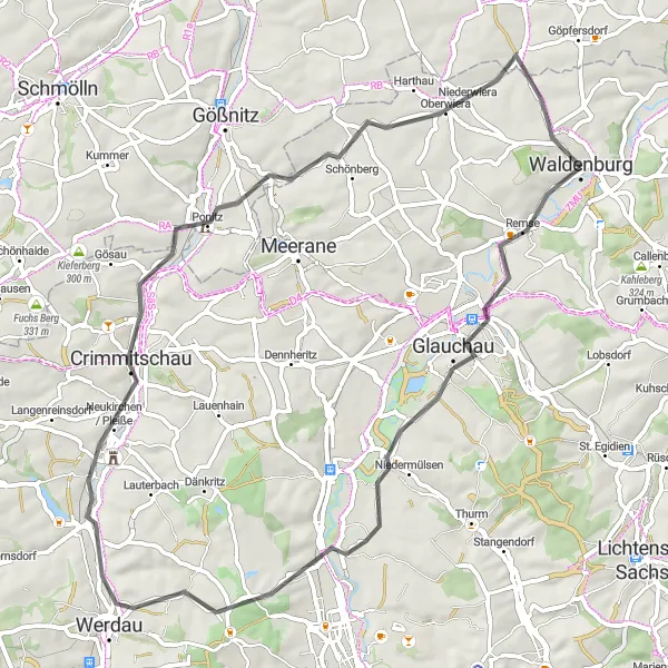 Map miniature of "Werdau Exploration" cycling inspiration in Chemnitz, Germany. Generated by Tarmacs.app cycling route planner