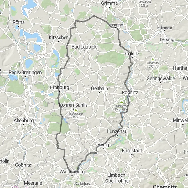 Karten-Miniaturansicht der Radinspiration "Road-Tour durch Ziegelheim und Colditz" in Chemnitz, Germany. Erstellt vom Tarmacs.app-Routenplaner für Radtouren