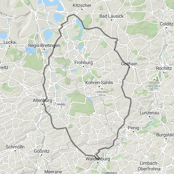 Karten-Miniaturansicht der Radinspiration "Rundtour um Waldenburg und Geithain" in Chemnitz, Germany. Erstellt vom Tarmacs.app-Routenplaner für Radtouren