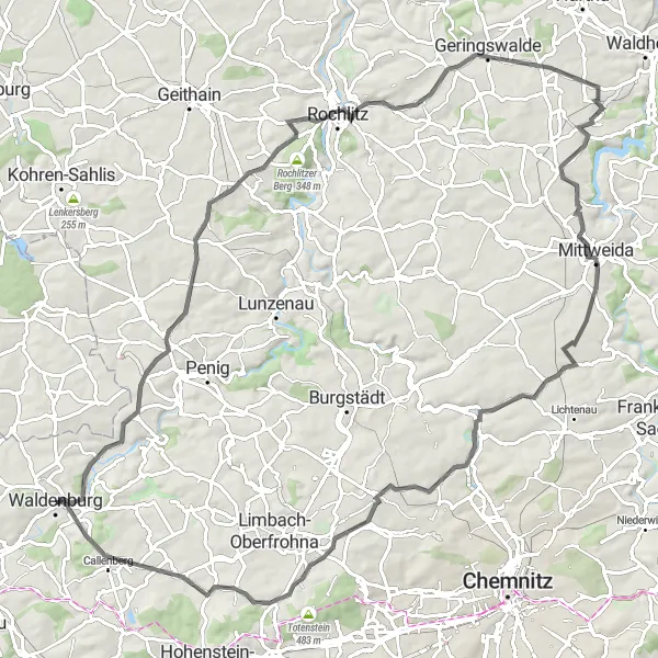 Map miniature of "Waldenburg Castle Road Route" cycling inspiration in Chemnitz, Germany. Generated by Tarmacs.app cycling route planner