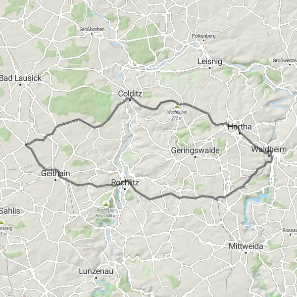 Map miniature of "Waldheim Loop" cycling inspiration in Chemnitz, Germany. Generated by Tarmacs.app cycling route planner