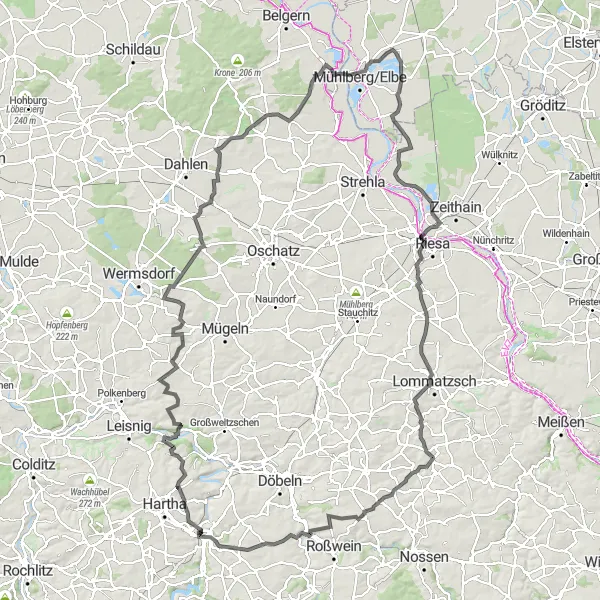 Map miniature of "Waldheim Round Trip" cycling inspiration in Chemnitz, Germany. Generated by Tarmacs.app cycling route planner