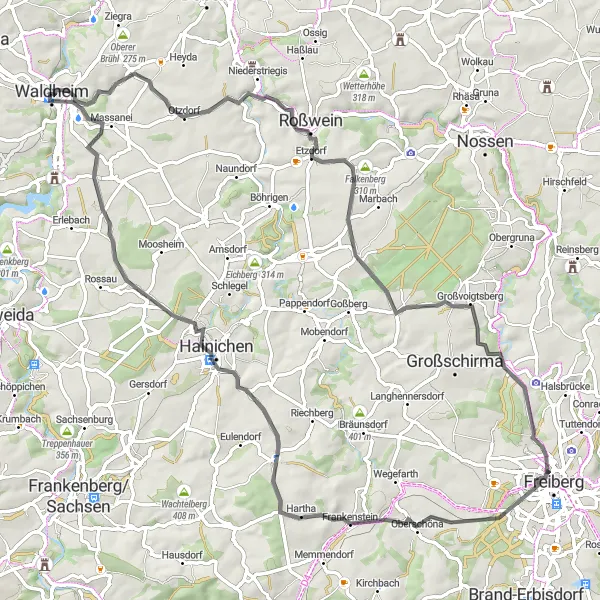 Map miniature of "Waldheim to Cunnersdorf Loop" cycling inspiration in Chemnitz, Germany. Generated by Tarmacs.app cycling route planner