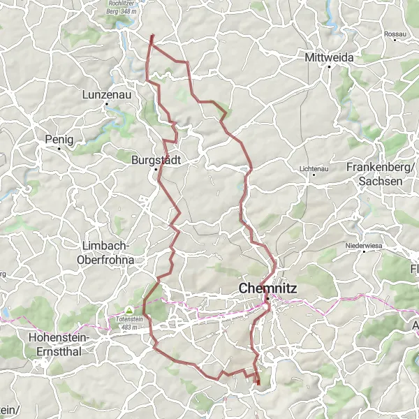 Karten-Miniaturansicht der Radinspiration "Rundtour um Claußnitz und Chemnitz" in Chemnitz, Germany. Erstellt vom Tarmacs.app-Routenplaner für Radtouren