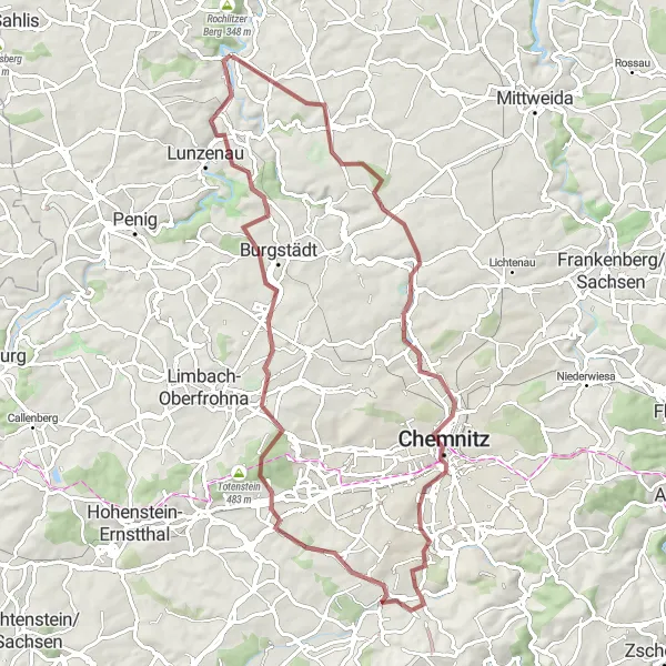 Map miniature of "Hills and Castles Gravel Ride" cycling inspiration in Chemnitz, Germany. Generated by Tarmacs.app cycling route planner
