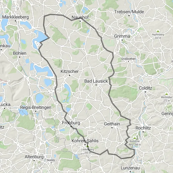Karten-Miniaturansicht der Radinspiration "Road-Tour durch Kohren-Sahlis und Naunhof" in Chemnitz, Germany. Erstellt vom Tarmacs.app-Routenplaner für Radtouren