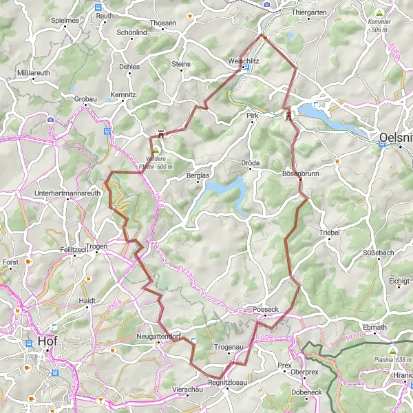 Karten-Miniaturansicht der Radinspiration "Bösenbrunn-Platzerberg-Regnitzlosau-Blosenberg-Vordere Platte-Weischlitz" in Chemnitz, Germany. Erstellt vom Tarmacs.app-Routenplaner für Radtouren