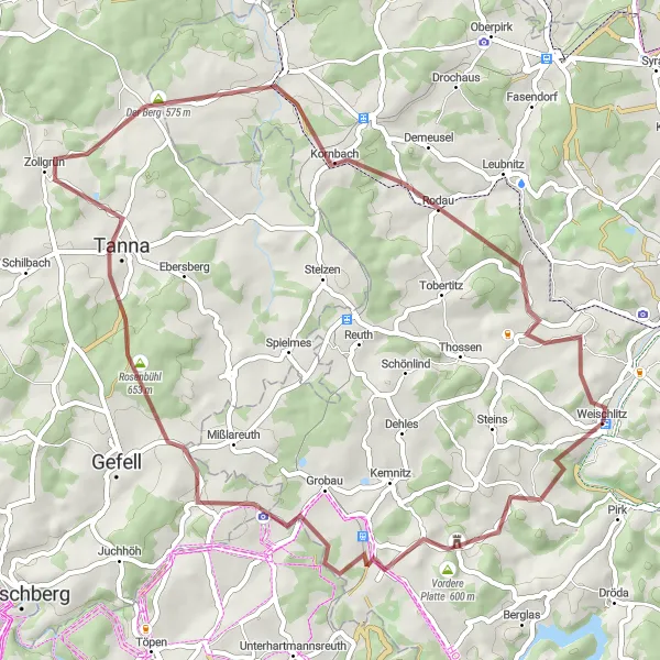 Karten-Miniaturansicht der Radinspiration "Gravel-Tour nach Plauen und Mühltroff" in Chemnitz, Germany. Erstellt vom Tarmacs.app-Routenplaner für Radtouren