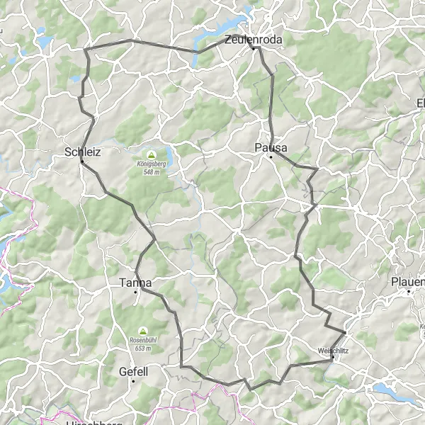 Karten-Miniaturansicht der Radinspiration "Weischlitz-Kienberg-Tanna-Der Berg-Schleiz-Tegau-Mehltheuer-Rößnitz" in Chemnitz, Germany. Erstellt vom Tarmacs.app-Routenplaner für Radtouren