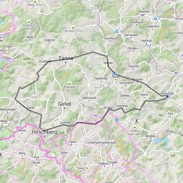 Map miniature of "Scenic Road Cycling Route with Mödlareuth and Hexenhaus" cycling inspiration in Chemnitz, Germany. Generated by Tarmacs.app cycling route planner