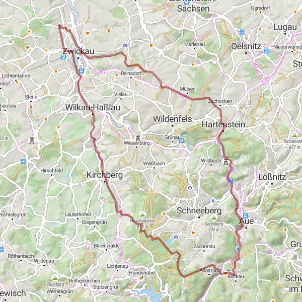 Karten-Miniaturansicht der Radinspiration "Gravel-Abenteuer nach Cunersdorf" in Chemnitz, Germany. Erstellt vom Tarmacs.app-Routenplaner für Radtouren