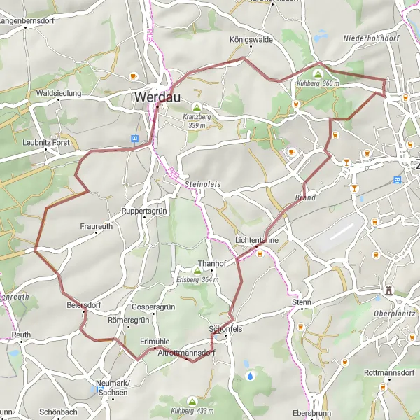 Map miniature of "Weißenborn Gravel Escape" cycling inspiration in Chemnitz, Germany. Generated by Tarmacs.app cycling route planner