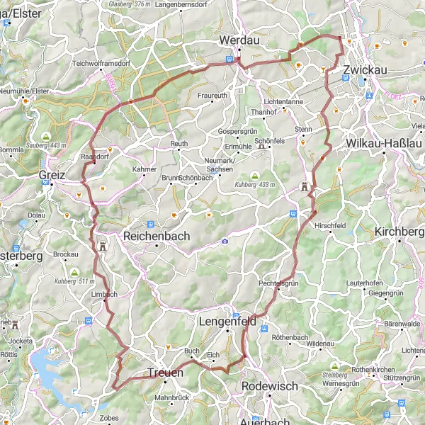 Karten-Miniaturansicht der Radinspiration "Abenteuerliche Graveltour durch das Erzgebirge" in Chemnitz, Germany. Erstellt vom Tarmacs.app-Routenplaner für Radtouren