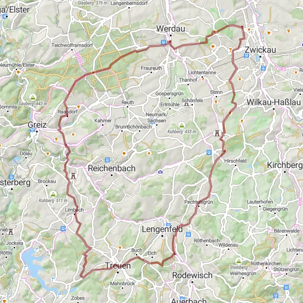 Map miniature of "Weissenborn-Leubnitz (Chemnitz, Germany)" cycling inspiration in Chemnitz, Germany. Generated by Tarmacs.app cycling route planner