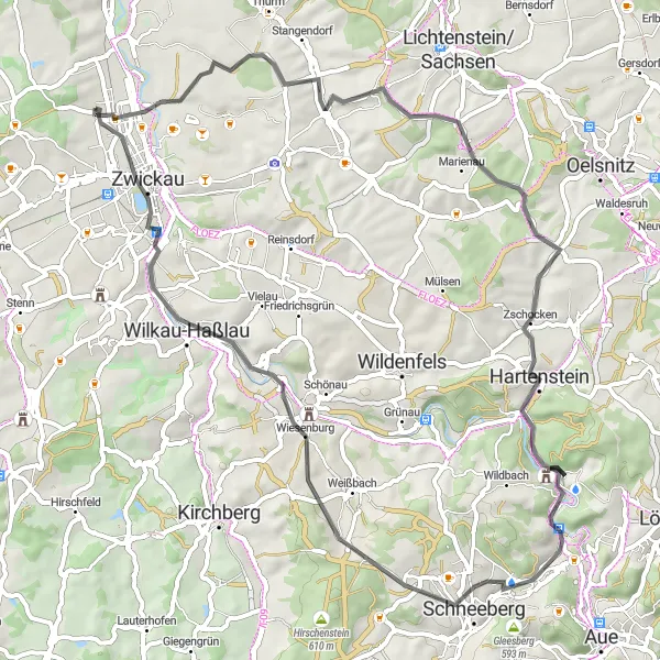 Map miniature of "Weißenborn Road Adventure" cycling inspiration in Chemnitz, Germany. Generated by Tarmacs.app cycling route planner