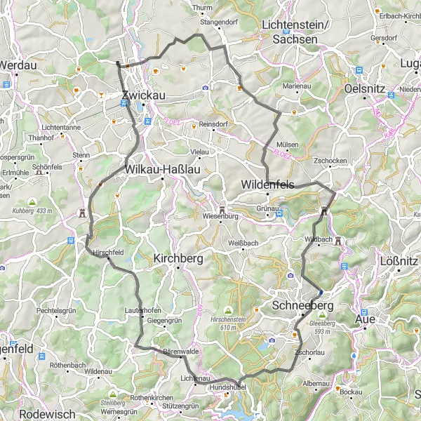Map miniature of "Weissenborn-Oberplanitz (Chemnitz, Germany)" cycling inspiration in Chemnitz, Germany. Generated by Tarmacs.app cycling route planner