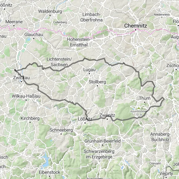 Karten-Miniaturansicht der Radinspiration "Romantische Straße durch das Erzgebirge" in Chemnitz, Germany. Erstellt vom Tarmacs.app-Routenplaner für Radtouren