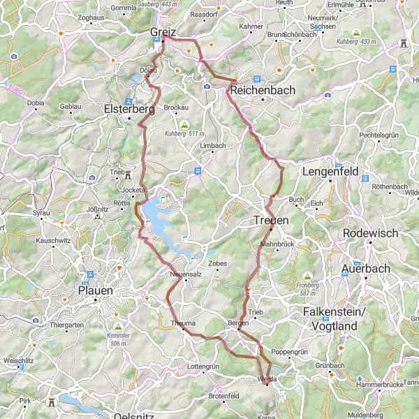 Map miniature of "Neuensalz - Warte - Elster Viaduct - Loreley - Lerchenhübel - Greiz - Mylau - Hirschstein - Treuen - Harzberg - Werda" cycling inspiration in Chemnitz, Germany. Generated by Tarmacs.app cycling route planner