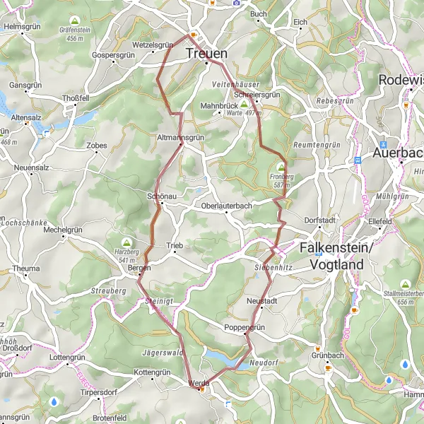 Map miniature of "Bergen - Harzberg - Treuen - Warte - Bezelberg - Werda" cycling inspiration in Chemnitz, Germany. Generated by Tarmacs.app cycling route planner