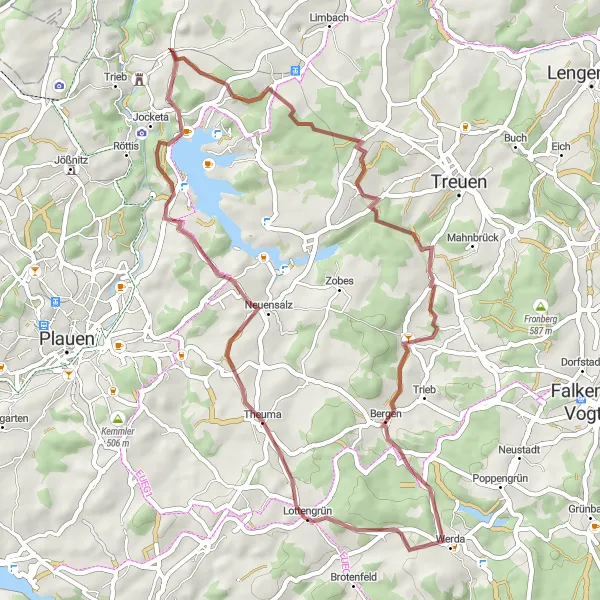 Map miniature of "Neuensalz - Warte - Loreley - Neudörfel - Harzberg - Bergen" cycling inspiration in Chemnitz, Germany. Generated by Tarmacs.app cycling route planner