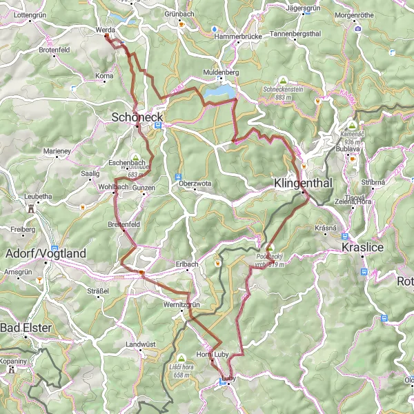 Map miniature of "Schneidersberge - Klingenthal - Počátecký vrch - Luby - Tříslová - Markneukirchen - Alter Söll - Werda" cycling inspiration in Chemnitz, Germany. Generated by Tarmacs.app cycling route planner