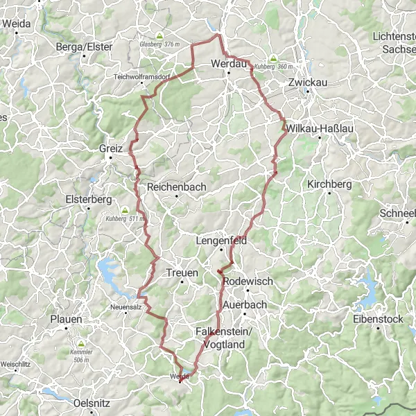 Map miniature of "Wolfsschlucht und Tischberg" cycling inspiration in Chemnitz, Germany. Generated by Tarmacs.app cycling route planner