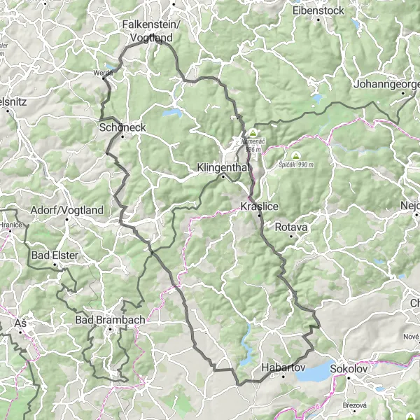 Map miniature of "The Vistas of Thierberg and Bublava" cycling inspiration in Chemnitz, Germany. Generated by Tarmacs.app cycling route planner