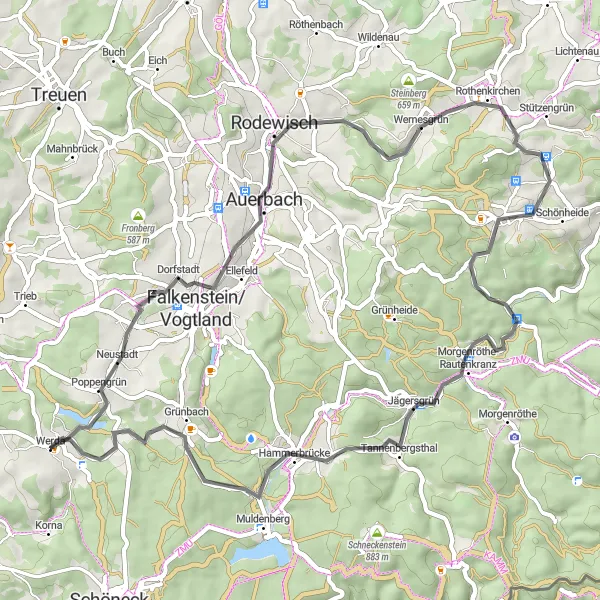 Map miniature of "Bezelberg - Ellefeld - Rodewisch - Allee - Thierberg - Hammerbrücke - Grünbach - Felsenformation " Wendelstein " - Werda" cycling inspiration in Chemnitz, Germany. Generated by Tarmacs.app cycling route planner