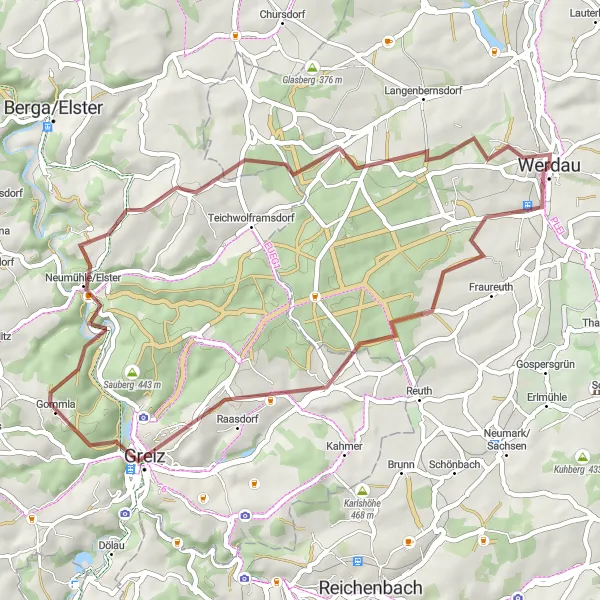 Map miniature of "Gravel route near Werdau" cycling inspiration in Chemnitz, Germany. Generated by Tarmacs.app cycling route planner