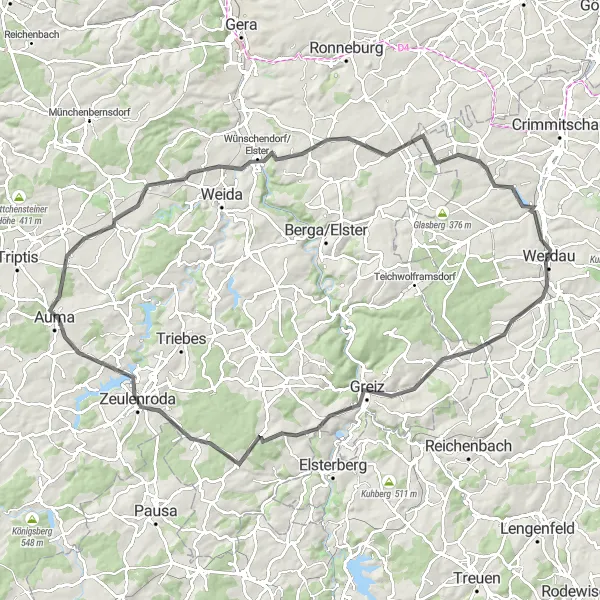 Karten-Miniaturansicht der Radinspiration "Panorama-Tour mit Blick auf Greiz und Langenhessen" in Chemnitz, Germany. Erstellt vom Tarmacs.app-Routenplaner für Radtouren