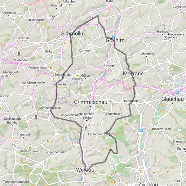 Map miniature of "Road route near Werdau" cycling inspiration in Chemnitz, Germany. Generated by Tarmacs.app cycling route planner