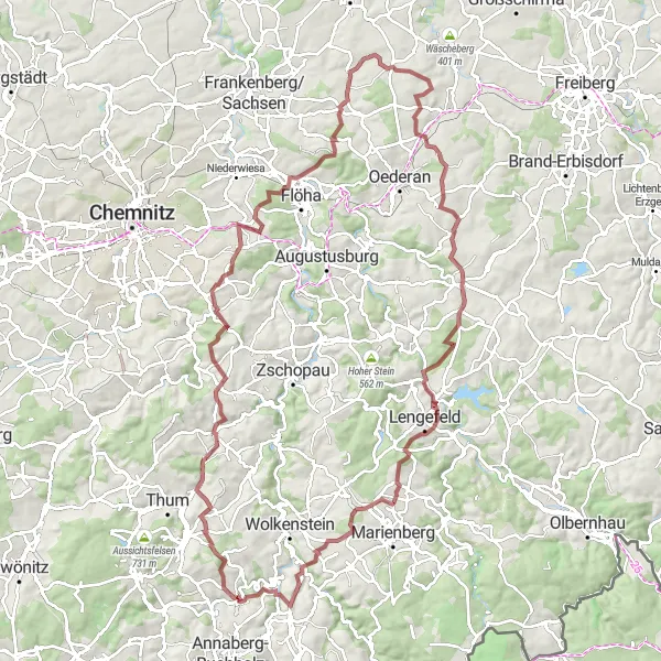 Map miniature of "Gravel Excursion in the Picturesque Ore Mountains" cycling inspiration in Chemnitz, Germany. Generated by Tarmacs.app cycling route planner