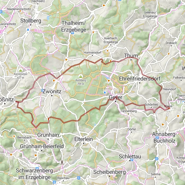 Map miniature of "Scenic Gravel Expedition in the Ore Mountains" cycling inspiration in Chemnitz, Germany. Generated by Tarmacs.app cycling route planner